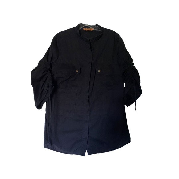 TORY BURCH BLACK COTTON MOCK COLLAR 3/4 SLEEVE BLOUSE SIZE 4-POCKETS - Picture 1 of 13